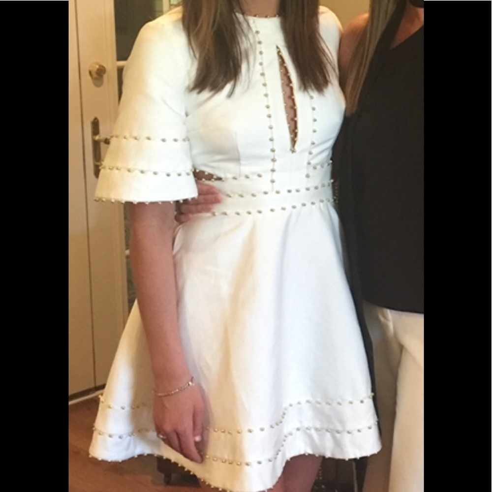 White Stud-Trim Short Fit & Flare Dress